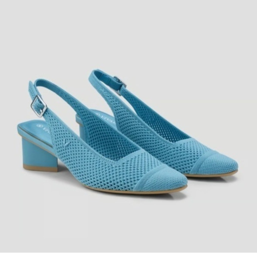 Vivaia Blue Knit Pointed Toe Slingback Block Heel Pumps EU 39 US 8